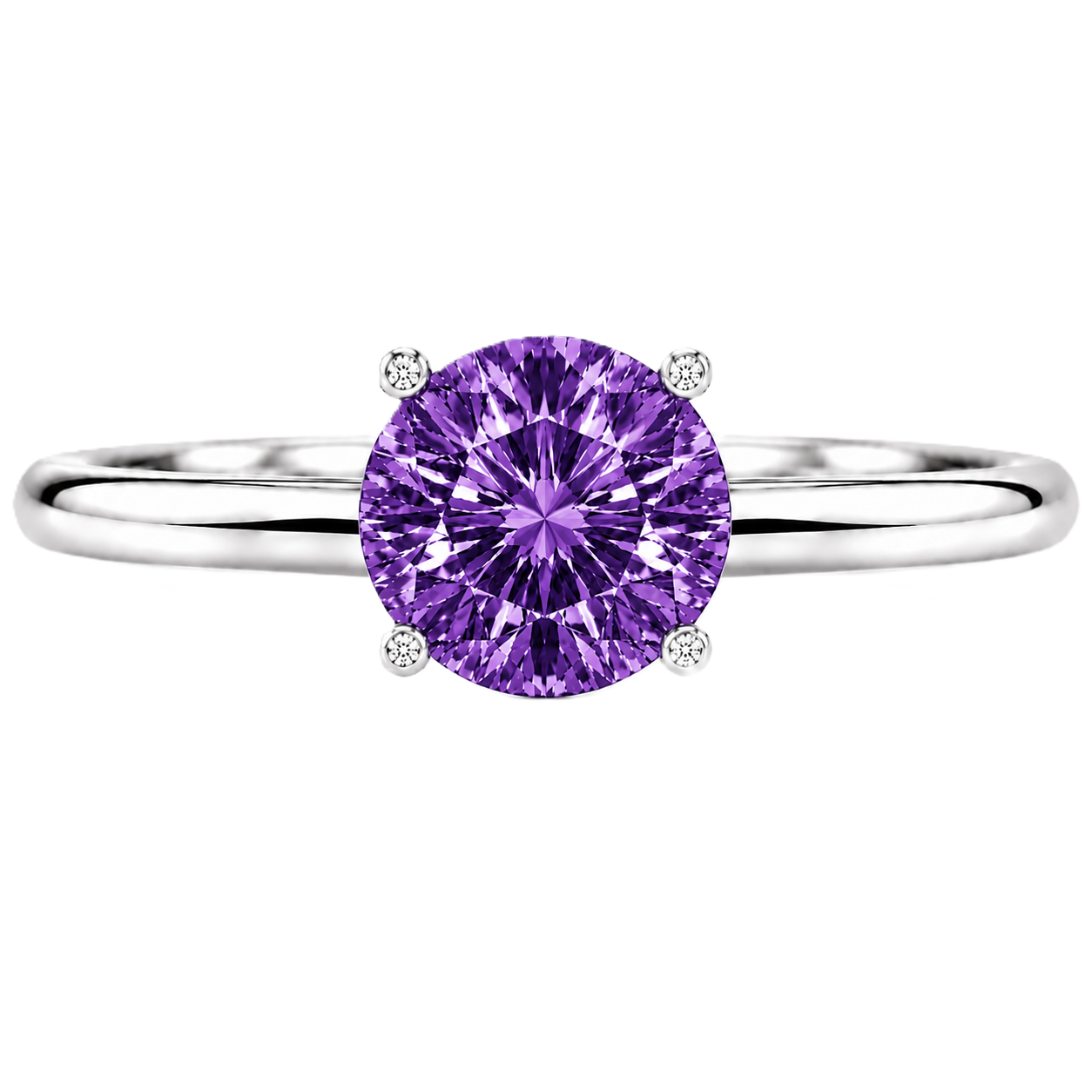 6 mm round purple sapphire engagement ring in white gold-plated 925 silver. Enchanting, hypoallergenic, and elegant. Available now at BSI Jewelry.
