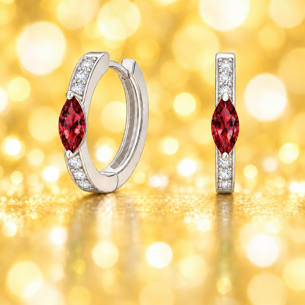 Huggie earrings with Garnet marquise and Moissanite accents in white gold-plated 925 silver. Hypoallergenic, safe to wear. Available now at BSI Jewelry.