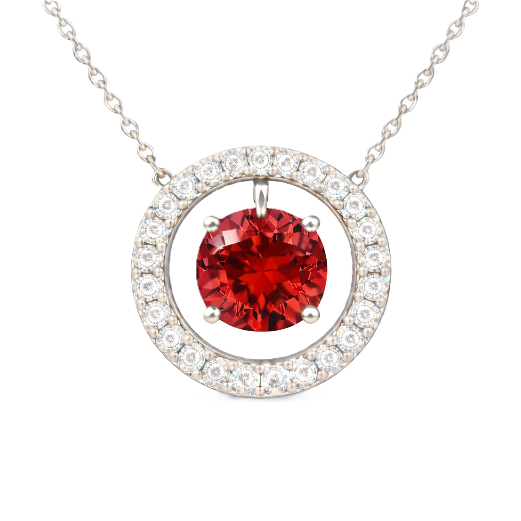 Garnet necklace with a 6 mm round gemstone and moissanite halo in white gold-plated 925 silver. Elegant and radiant. Available now at BSI Jewelry.