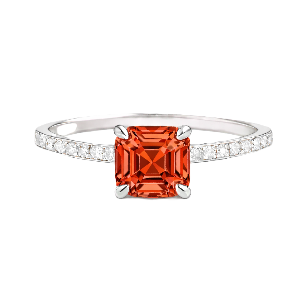 Garnet ring with a 6 mm Asscher-cut stone in white gold-plated 925 silver, accented with moissanite and rich red brilliance. Available now at BSI Jewelry.
