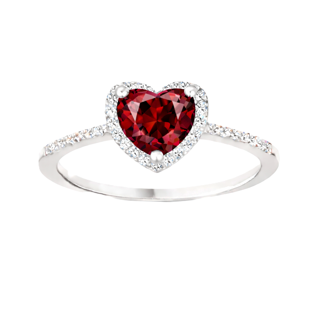 Garnet ring with a 6 mm heart cut, crafted in white gold-plated 925 silver and accented with moissanite. Available now at BSI Jewelry.