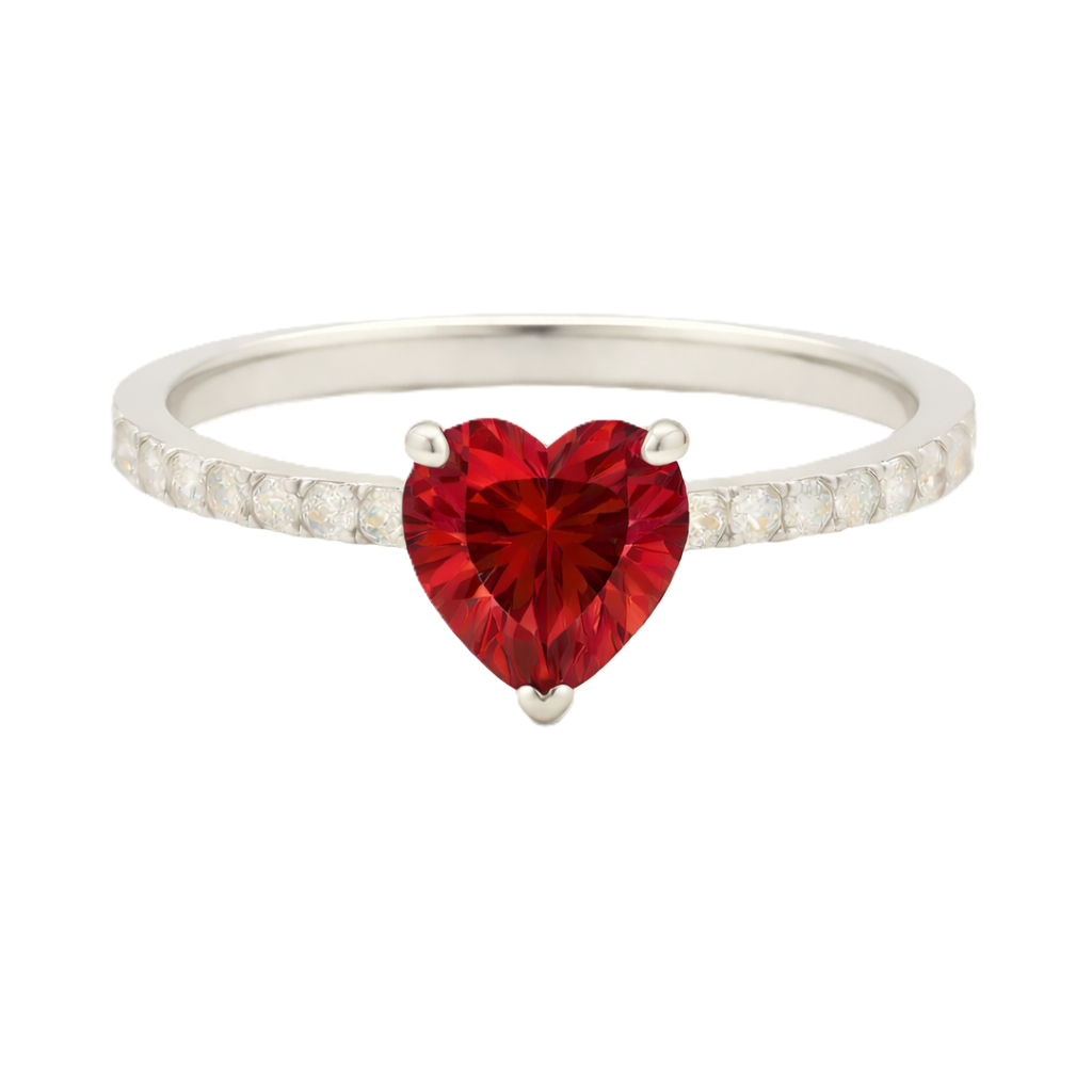 Garnet ring with a 6 mm heart-cut in white gold-plated 925 silver, accented with moissanite. Romantic and elegant for daily wear. Available now at BSI Jewelry.