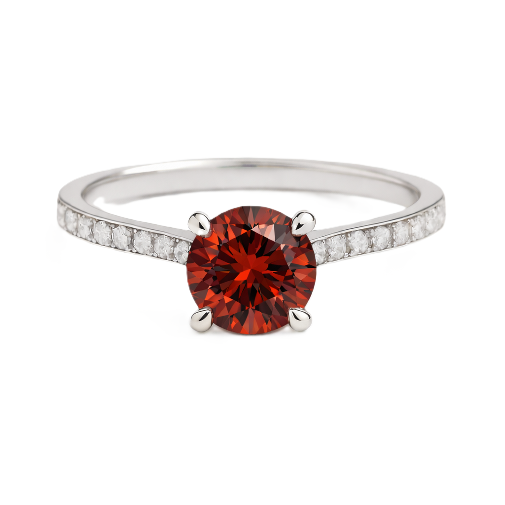 Garnet ring with a 6 mm round-cut and moissanite accents, crafted in white gold-plated 925 silver. Elegant for daily wear. Available now at BSI Jewelry.