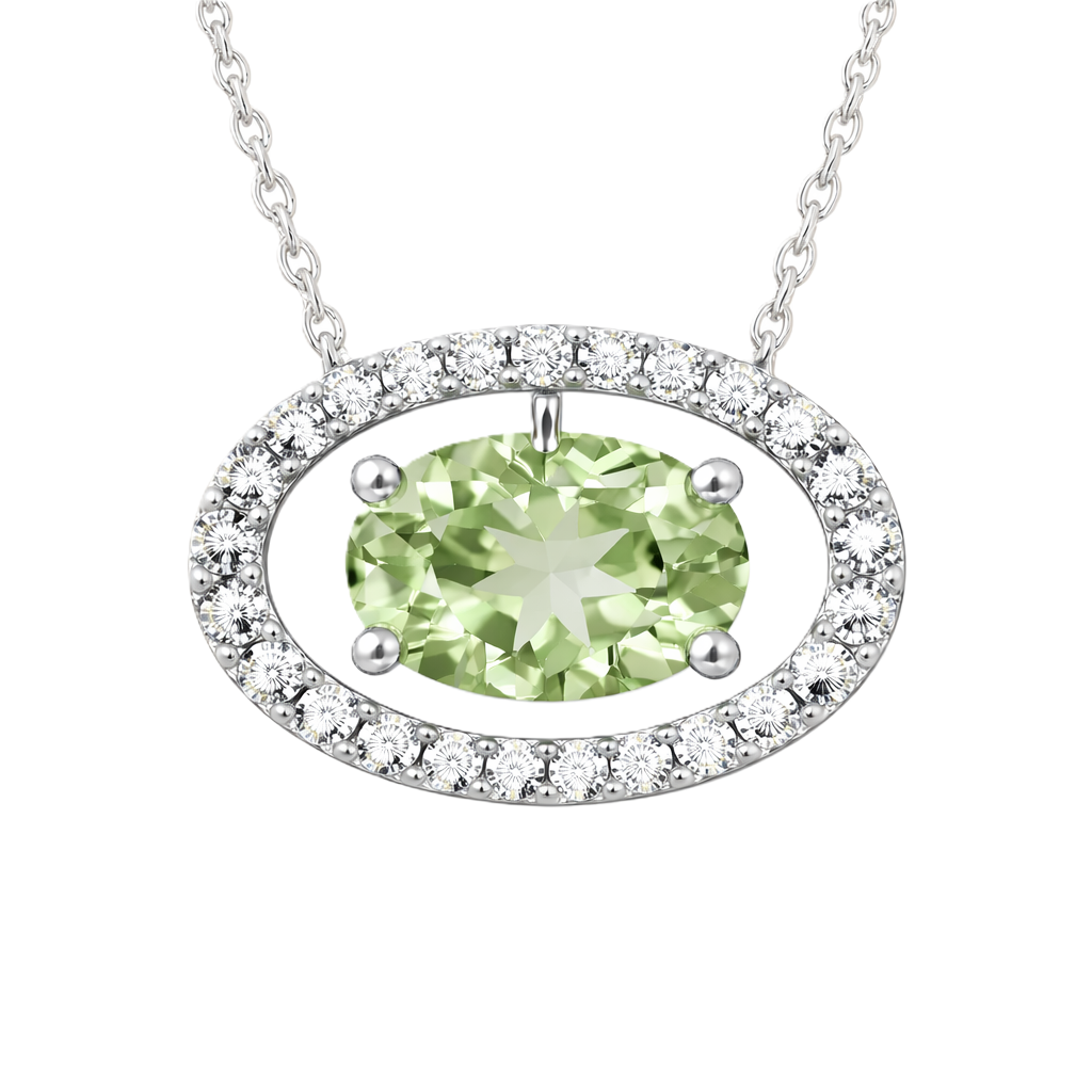 Green amethyst necklace with an 8×5 mm oval in white gold-plated 925 silver, accented with moissanite. Elegant for daily wear. Available now at BSI Jewelry.