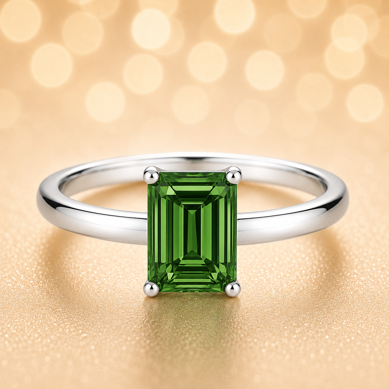 7×5 mm emerald-cut green sapphire solitaire ring set in white-gold-plated 925 silver. Vibrant color, refined charm, and timeless elegance. Now at BSI Jewelry.