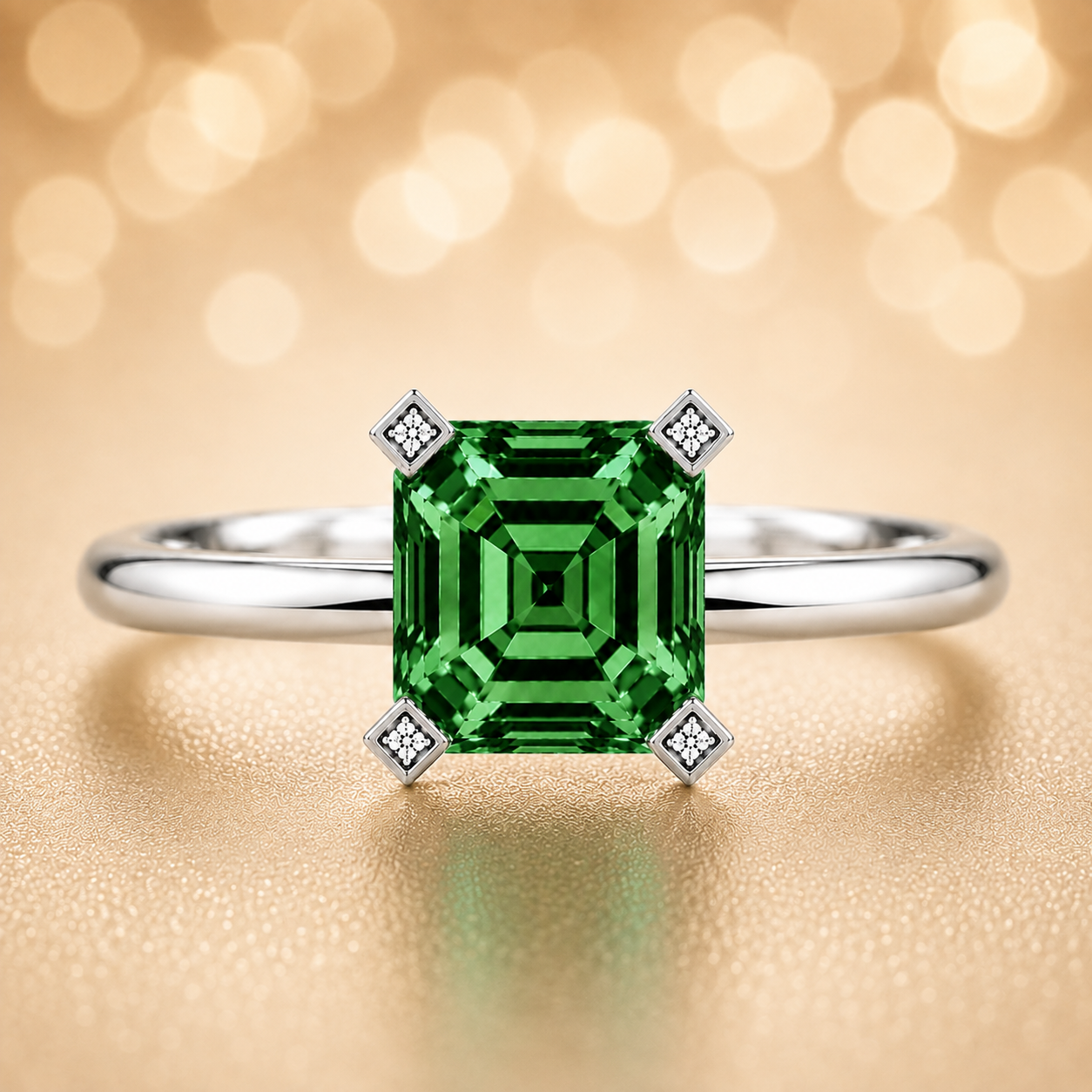 Vibrant green sapphire engagement ring with a 6 mm asscher-cut center stone, crafted in white gold plated 925 silver. Available now at BSI Jewelry.