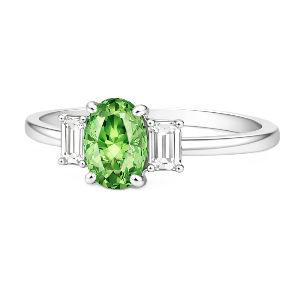 Green sapphire engagement ring with 6×4 mm oval center and elegant three-stone design, crafted in white gold-plated 925 silver. Available now at BSI Jewelry.