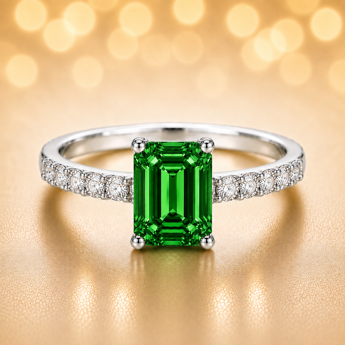 7×5mm emerald-cut Green Sapphire ring with Moissanite accents in white-gold-plated 925 silver. Elegant, luminous, and hypoallergenic. Available at BSI Jewelry.