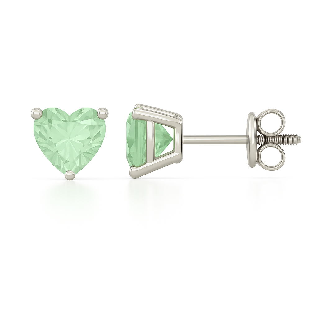 Elegant 6mm heart-cut Green Sapphire stud earrings in white-gold-plated 925 silver, hypoallergenic and safe to wear. Available now at BSI Jewelry.