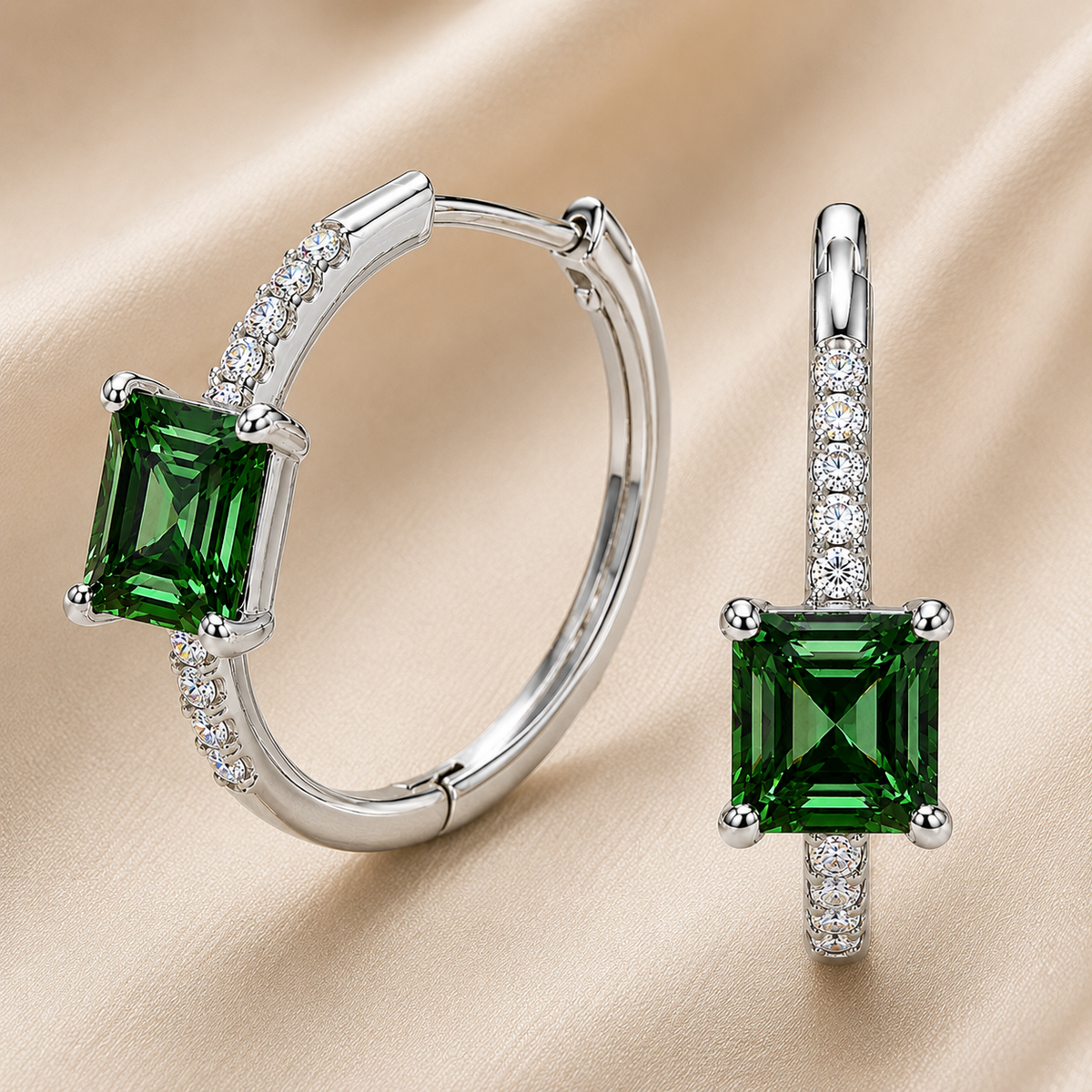 Green sapphire huggie earrings featuring vibrant 5 mm square green sapphires and sparkling accents in white gold plated 925 silver. Available now at BSI Jewelry.