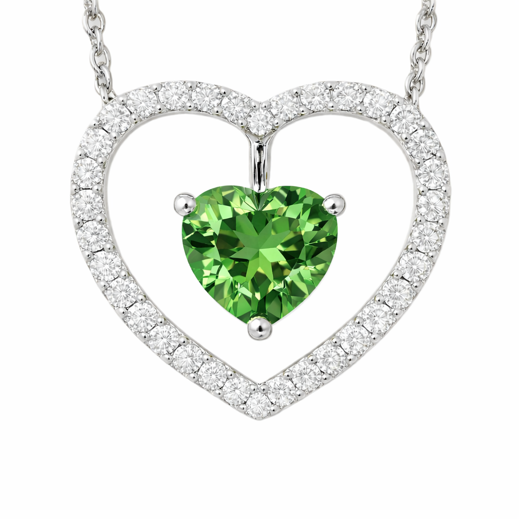 Green sapphire necklace with a 6 mm heart cut and moissanite halo, crafted in white gold-plated 925 silver. Elegant and refined. Available now at BSI Jewelry.