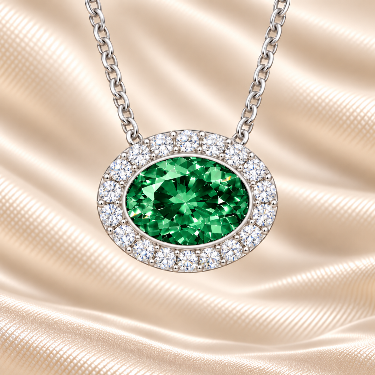 Green sapphire necklace with a 7×5 mm oval stone in white gold-plated 925 silver, accented with moissanite. Fresh and elegant. Available now at BSI Jewelry.