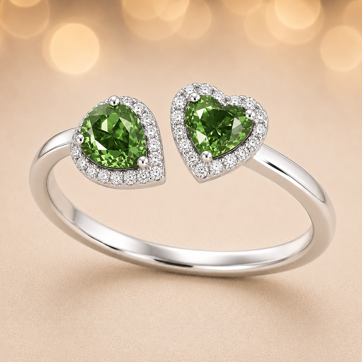 Green sapphire open ring with 6×4 mm pear and 5 mm heart cuts, crafted in white gold-plated 925 silver. Fresh and hypoallergenic. Available now at BSI Jewelry.