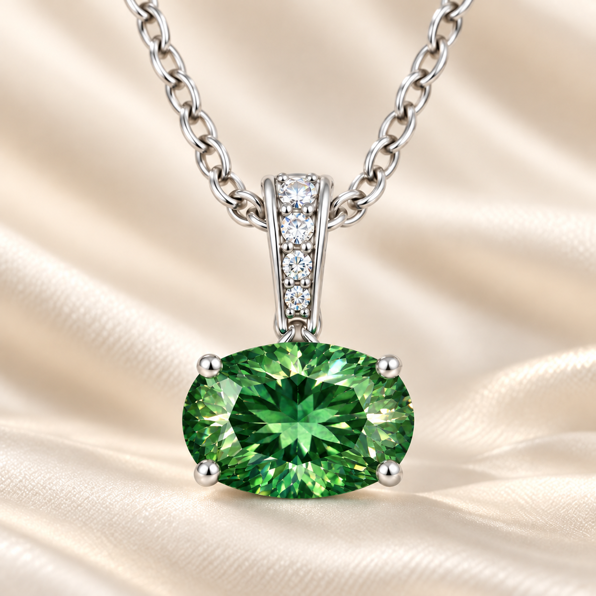 Green sapphire oval pendant with an 8×5 mm gemstone in white gold-plated 925 silver, accented with moissanite. Elegant and refined. Available now at BSI Jewelry.