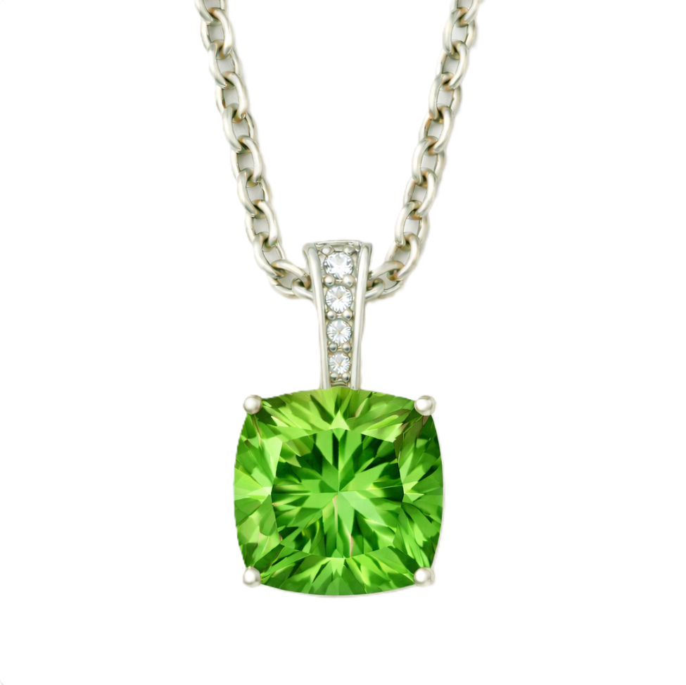 Green sapphire pendant with a 6 mm cushion gemstone in white gold-plated 925 silver, accented with moissanite. Elegant and refined. Available now at BSI Jewelry.