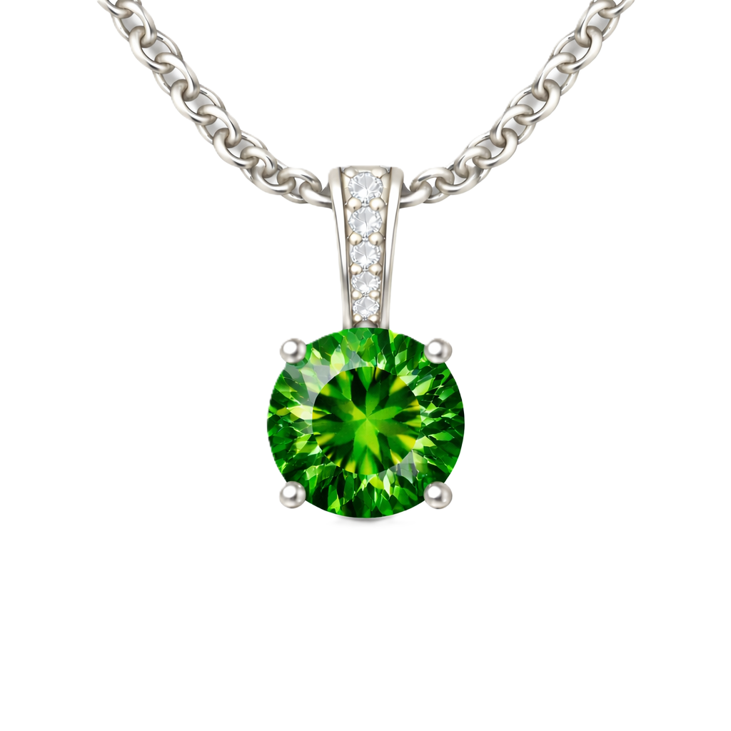 Green sapphire pendant with a 6 mm round cut, set in white gold-plated 925 silver. Fresh, elegant, and refined for daily wear. Available now at BSI Jewelry.