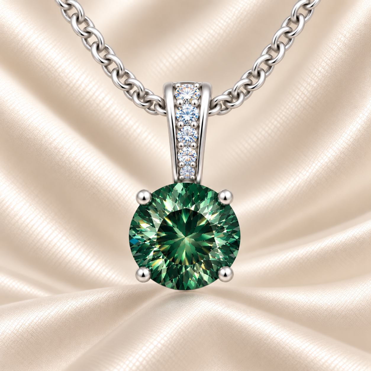 Green sapphire pendant with a 6 mm round cut, set in white gold-plated 925 silver. Fresh, elegant, and refined for daily wear. Available now at BSI Jewelry.