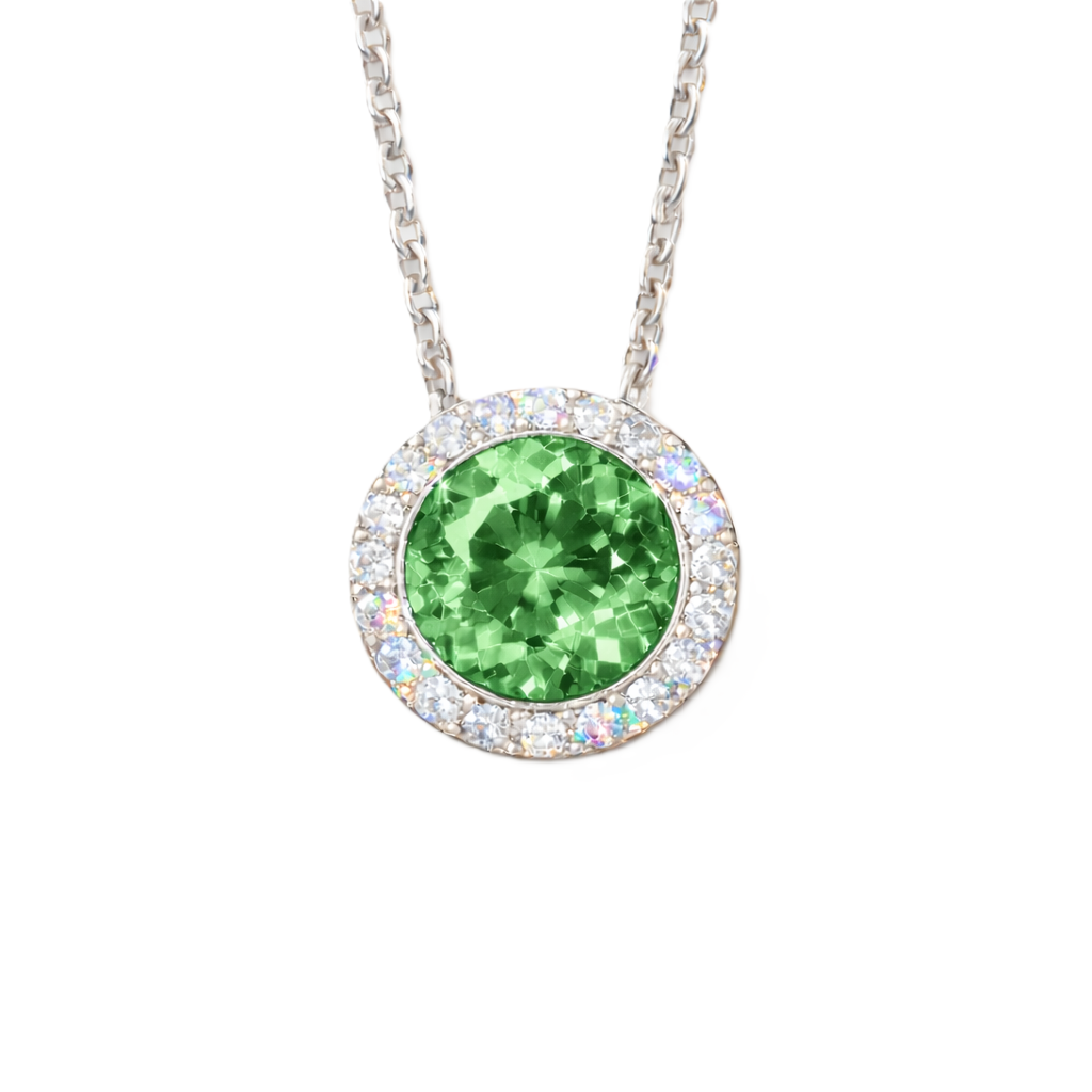 Green sapphire pendant with 6 mm round stone in white gold-plated 925 silver, accented with moissanite and adjustable cable chain. Available now at BSI Jewelry.
