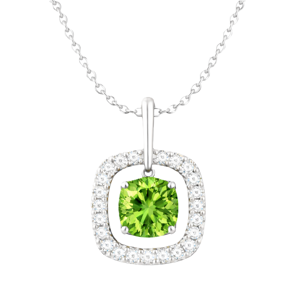 Green sapphire pendant with a 7 mm cushion cut and moissanite halo, crafted in white gold-plated 925 silver. Elegant and radiant. Available now at BSI Jewelry.