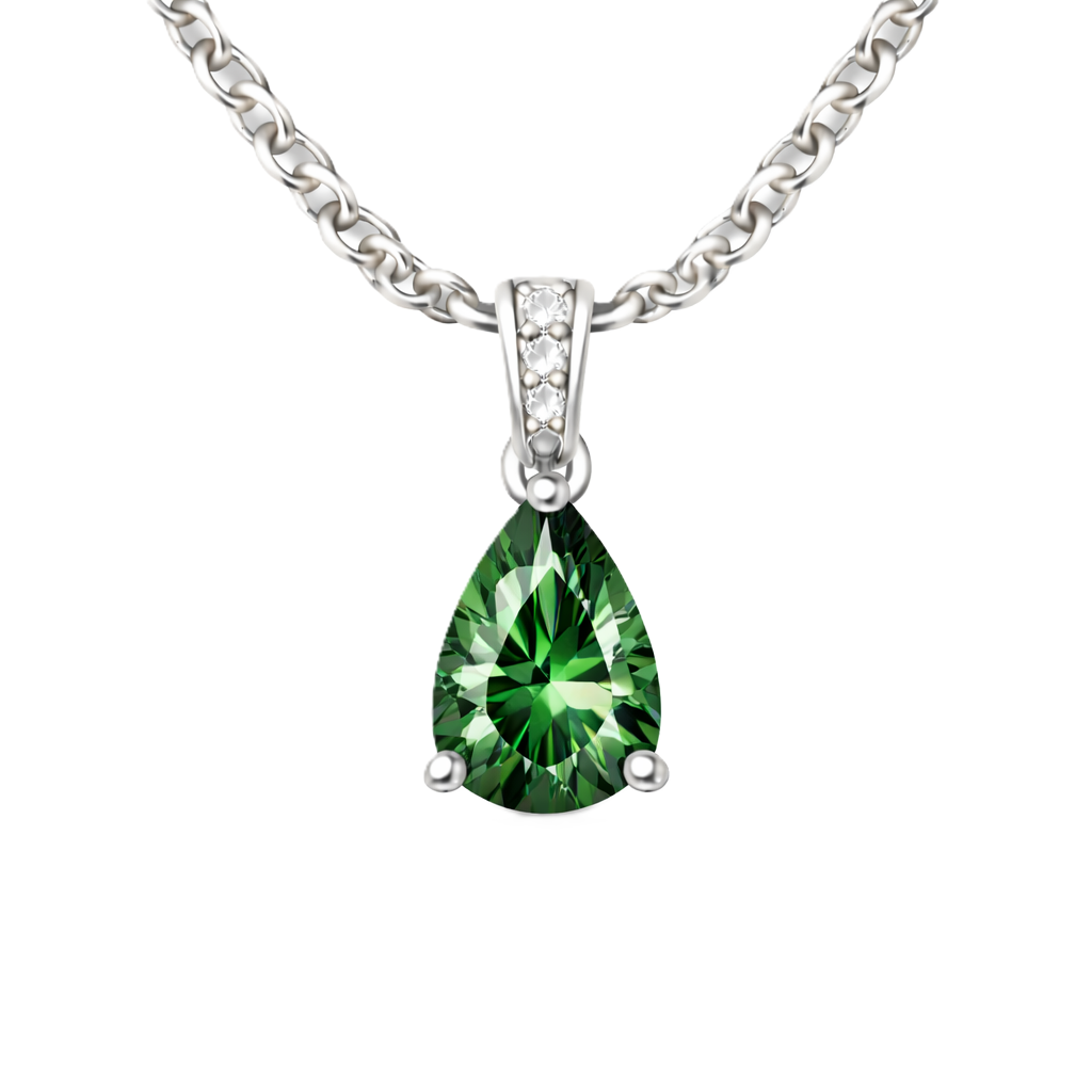 Green sapphire pendant with a 7×5 mm pear cut, set in white gold-plated 925 silver. Fresh, elegant, and refined for daily wear. Available now at BSI Jewelry.
