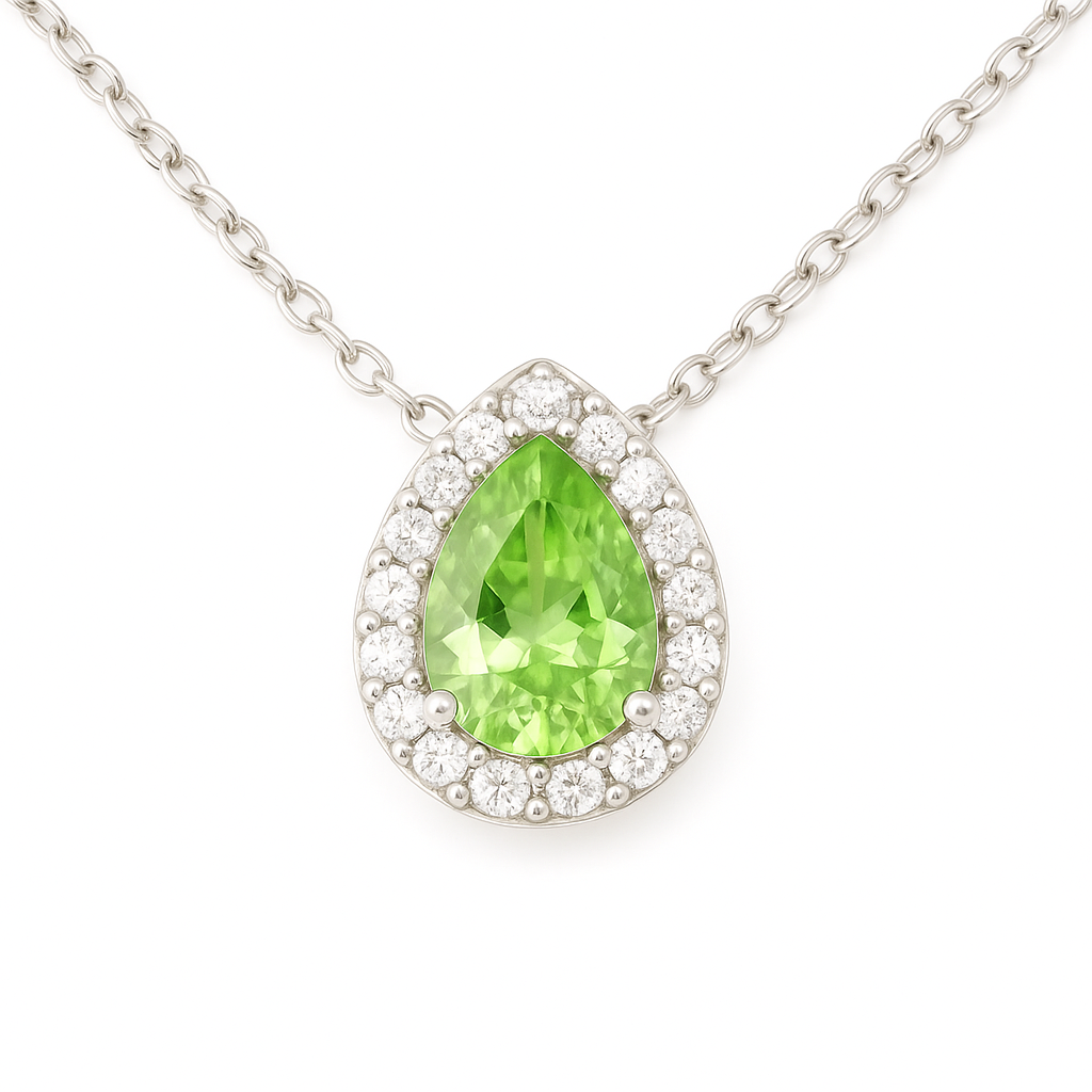 Elegant 7×5 mm green sapphire halo pendant accented with Moissanite, crafted in white gold-plated 925 silver and palladium alloy. Available now at BSI Jewelry.