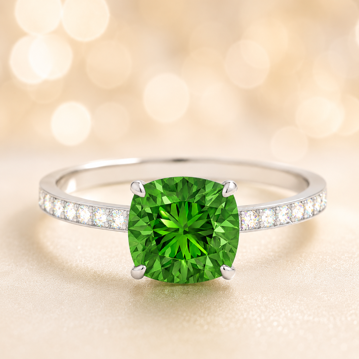 Green sapphire ring, 6 mm cushion, crafted in white gold-plated 925 silver. Hypoallergenic and elegant for daily wear. Available now at BSI Jewelry.