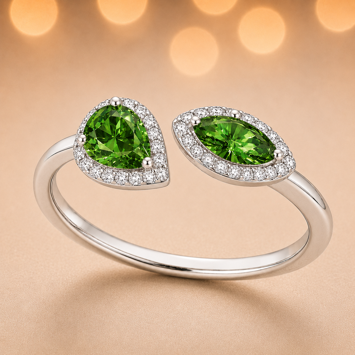 Green sapphire ring with 6×3 mm pear and marquise cuts, crafted in white gold-plated 925 silver with moissanite accents. Available now at BSI Jewelry.