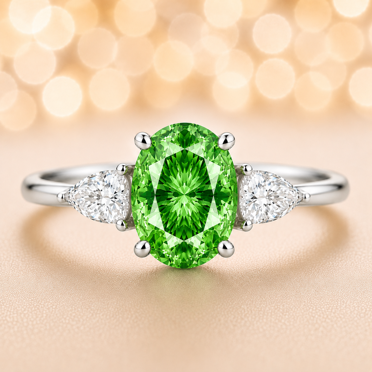 Green sapphire ring with 7×5 mm oval center in white gold-plated 925 silver. Hypoallergenic silver for comfortable daily wear. Available now at BSI Jewelry.
