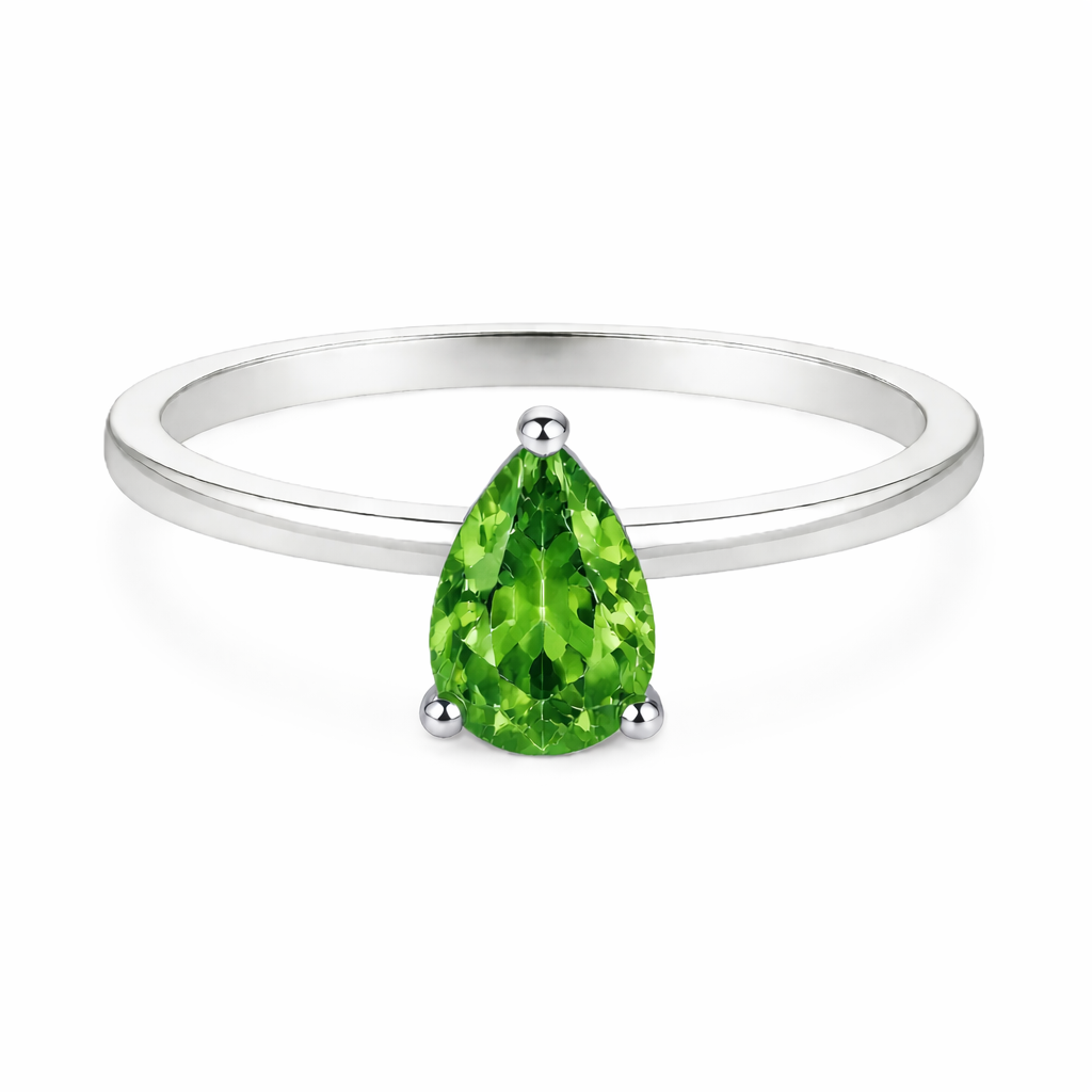 Green sapphire solitaire ring with a 6×4 mm pear in white gold-plated 925 silver. Elegant, minimal, and timeless for daily wear. Available now at BSI Jewelry.