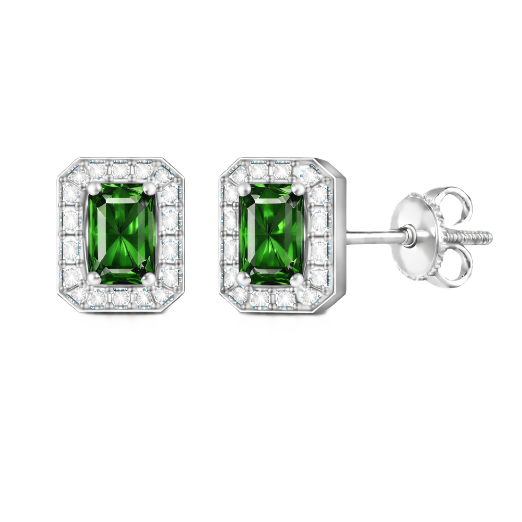 Green sapphire stud earrings with 5×3 mm emerald in white gold-plated 925 silver, accented with moissanite and screw-back posts. Available now at BSI Jewelry.