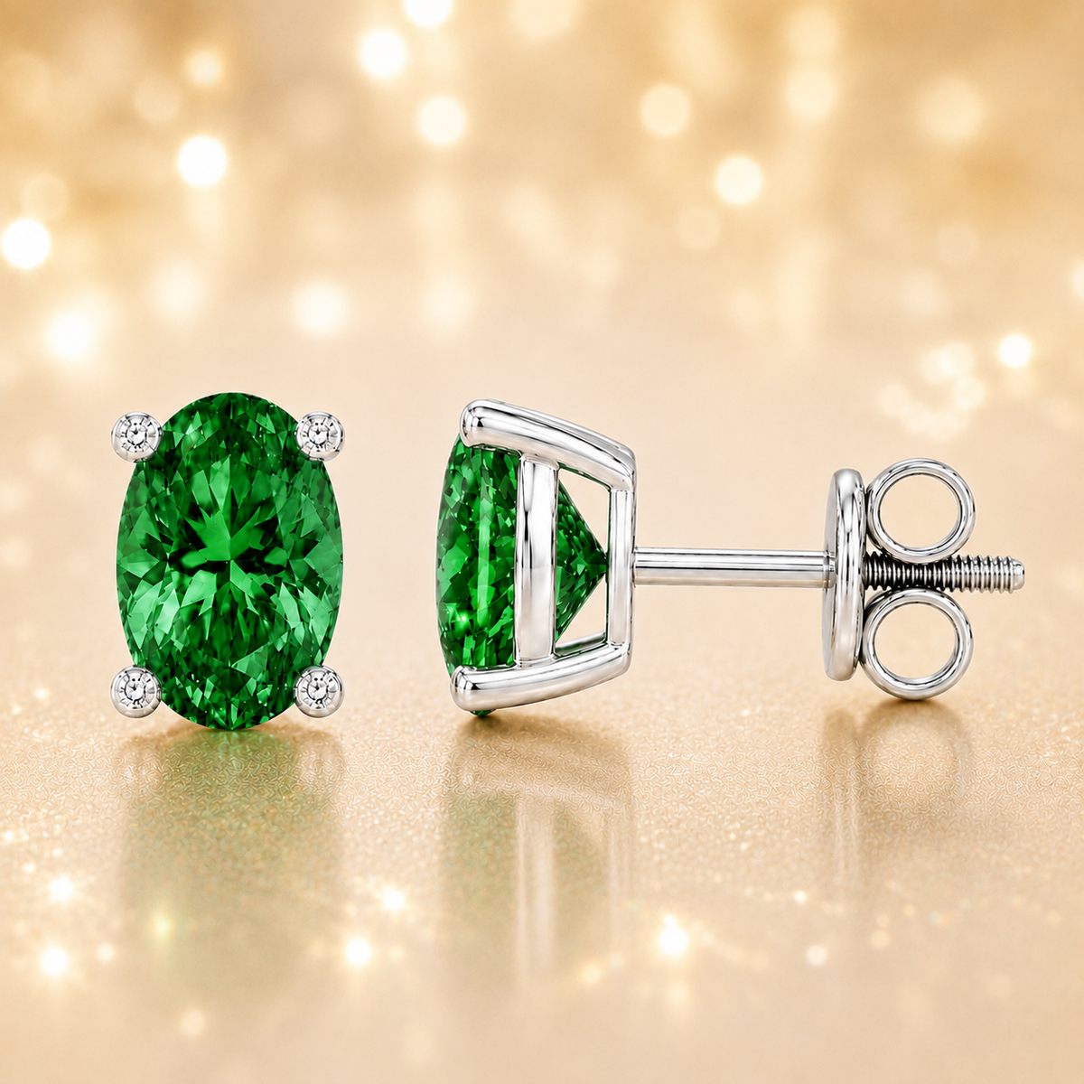 Green sapphire stud earrings with 6×4 mm oval stones and moissanite prongs in white gold plated 925 silver. Available now at BSI Jewelry.