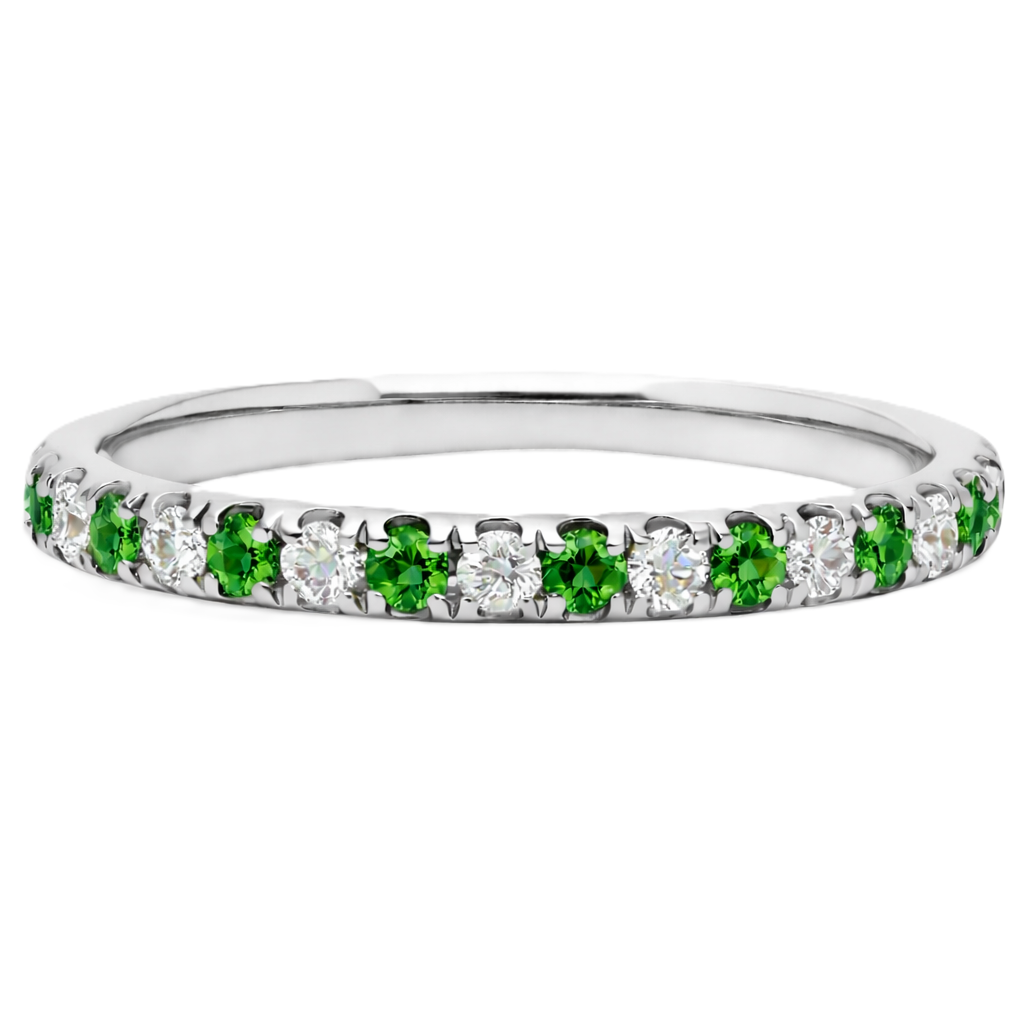 Green sapphire wedding band with 1.80 mm round-cut stones, crafted in white gold-plated 925 silver and accented with moissanite. Available now at BSI Jewelry.