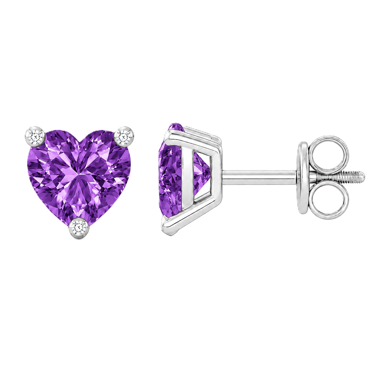 Heart purple sapphire stud earrings, 5 mm heart, crafted in white gold-plated 925 silver. Elegant and radiant for daily wear. Available now at BSI Jewelry.