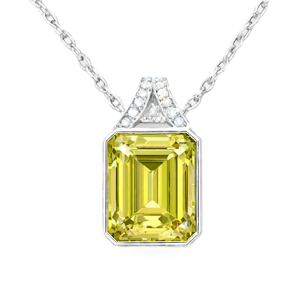 Lemon quartz pendant with a 12×10 mm emerald-cut gemstone in white gold-plated 925 silver. Bright, elegant, and radiant for daily wear. Available at BSI Jewelry.