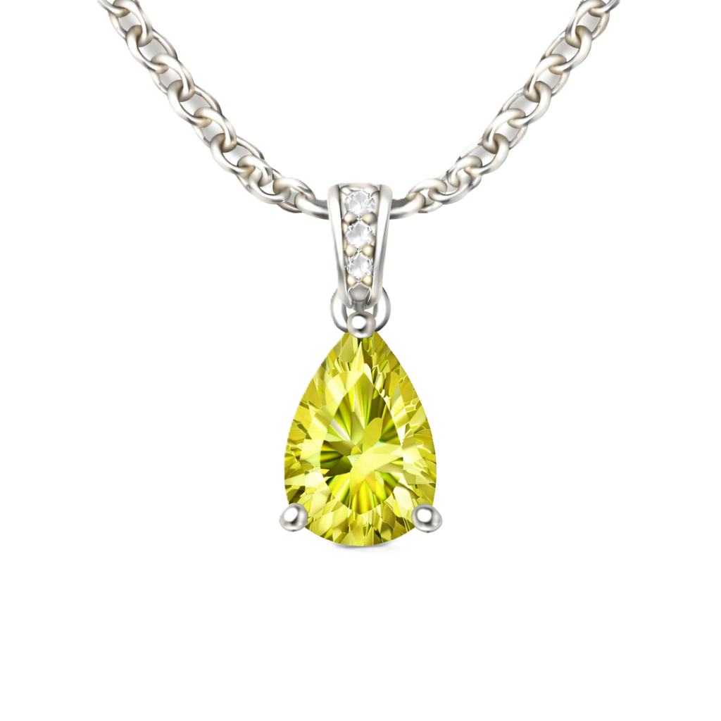 Lemon quartz pendant with an 8×5 mm pear cut, crafted in white gold-plated 925 silver. Bright and elegant for daily wear. Available now at BSI Jewelry.