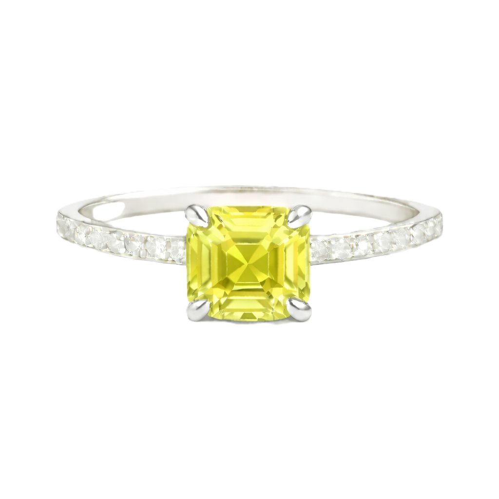 Lemon quartz ring with a 6 mm Asscher-cut in white gold-plated 925 silver, accented with moissanite and radiant yellow brilliance. Available now at BSI Jewelry.