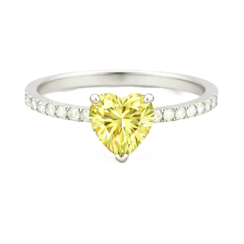 Lemon quartz ring with a 6 mm heart in white gold-plated 925 silver, with moissanite. Romantic and elegant for daily wear. Available now at BSI Jewelry.