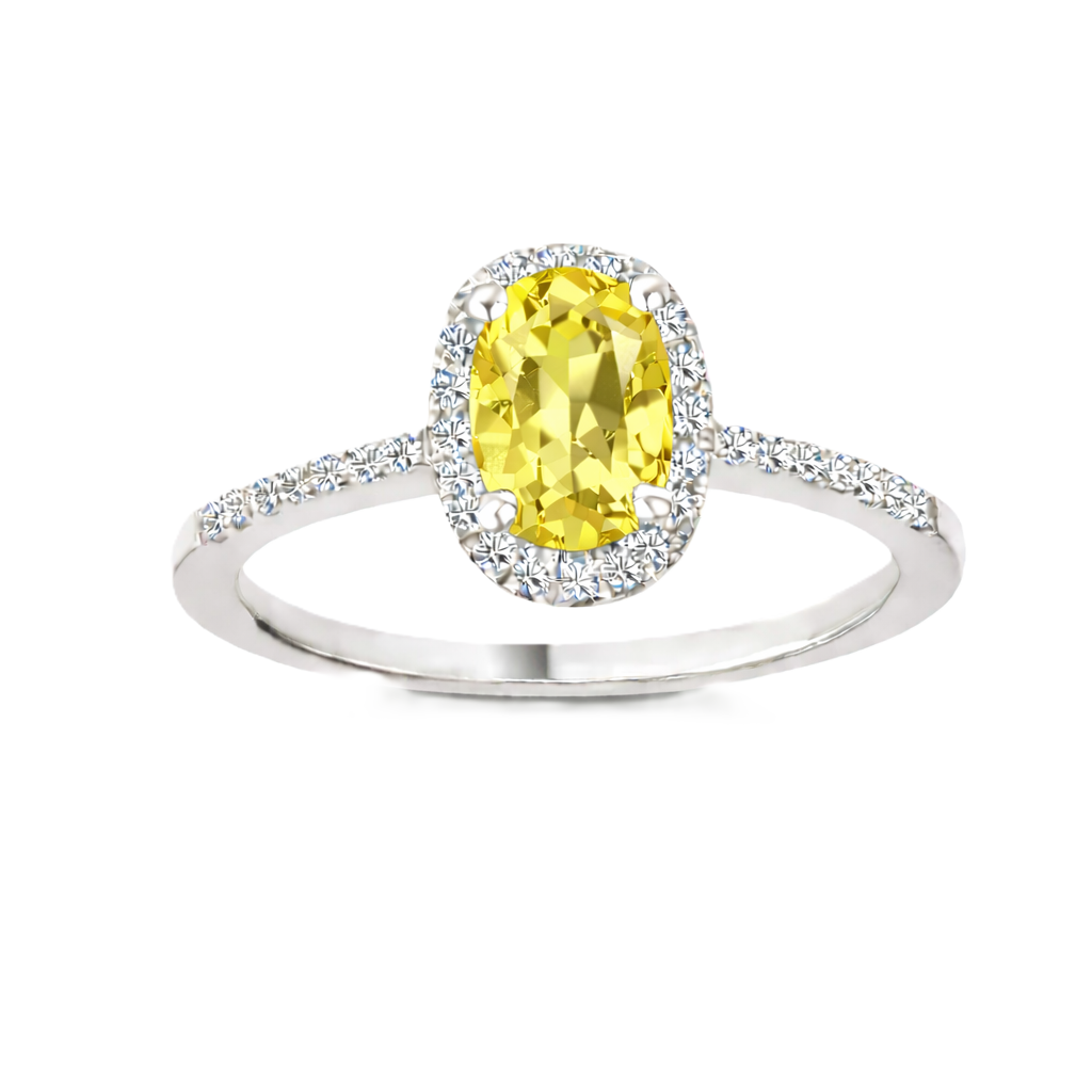 Lemon quartz ring with a 7×5 mm oval cut in white gold-plated 925 silver, with moissanite. Elegant and refined for daily wear. Available now at BSI Jewelry.