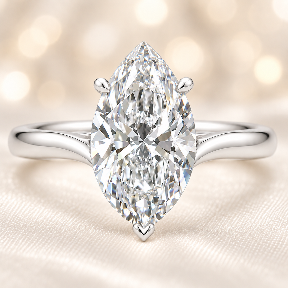 Marquise moissanite ring, 10×5 mm, crafted in white gold-plated 925 silver. Ideal as an elegant engagement ring or daily wear. Available now at BSI Jewelry.