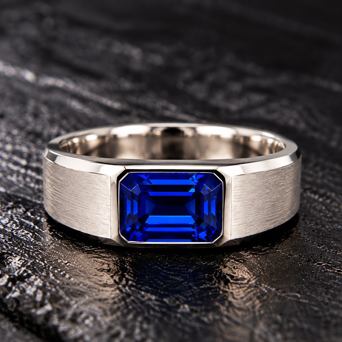 Shop men's Sapphire rings in hypoallergenic 925 Silver. Featuring a genuine 7 × 5 mm emerald-cut Sapphire in a full bezel setting by BSI Jewelry.