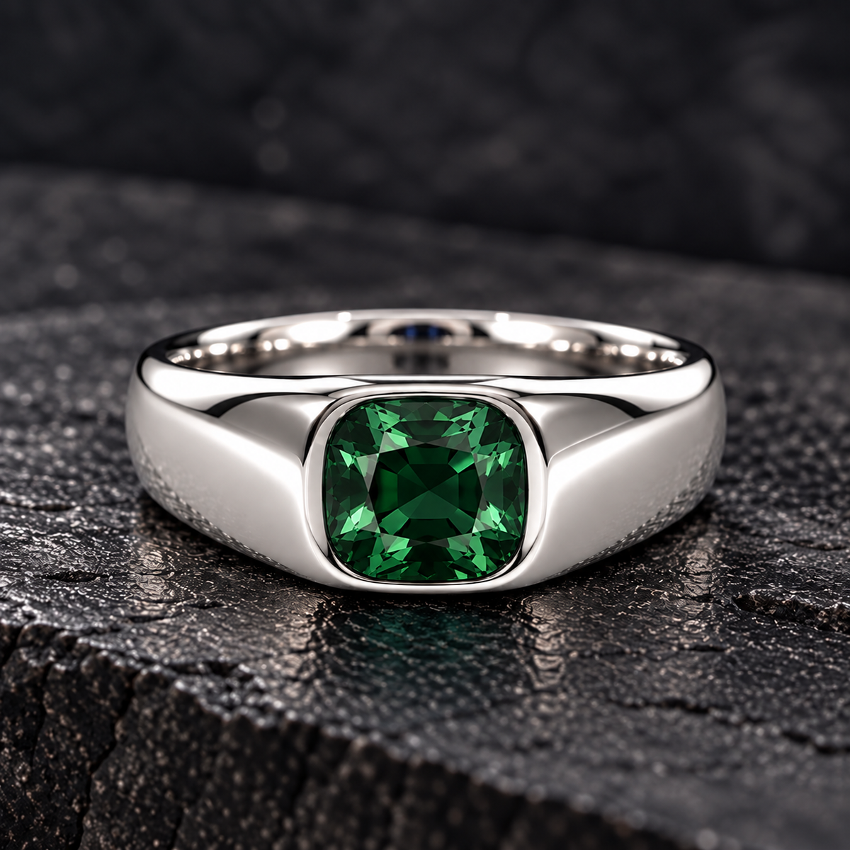 Men's 925 Silver ring with genuine 7 mm cushion-cut green sapphire in a polished bezel setting, now at BSI Jewelry.