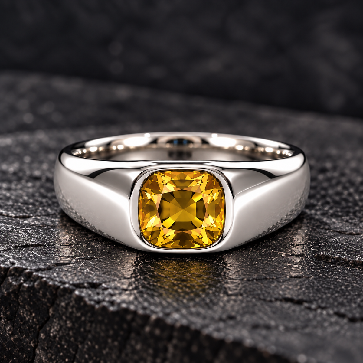 Men's 925 Silver ring with genuine 7 mm cushion-cut yellow sapphire in a polished bezel setting, now at BSI Jewelry.