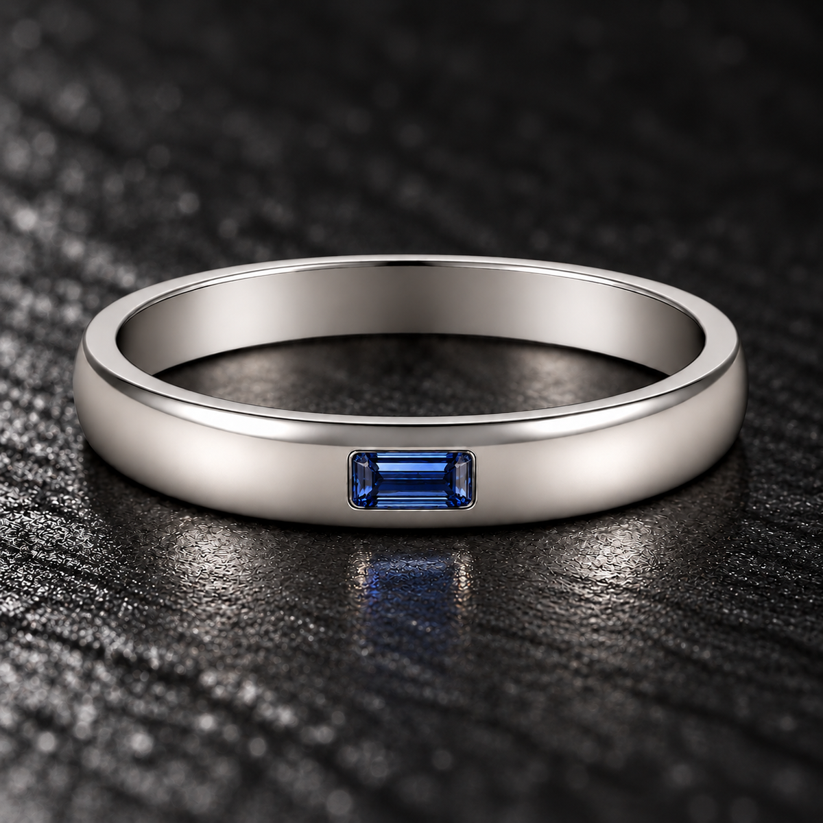Men's emerald-cut blue sapphire ring in polished 925 Silver available at BSI Jewelry