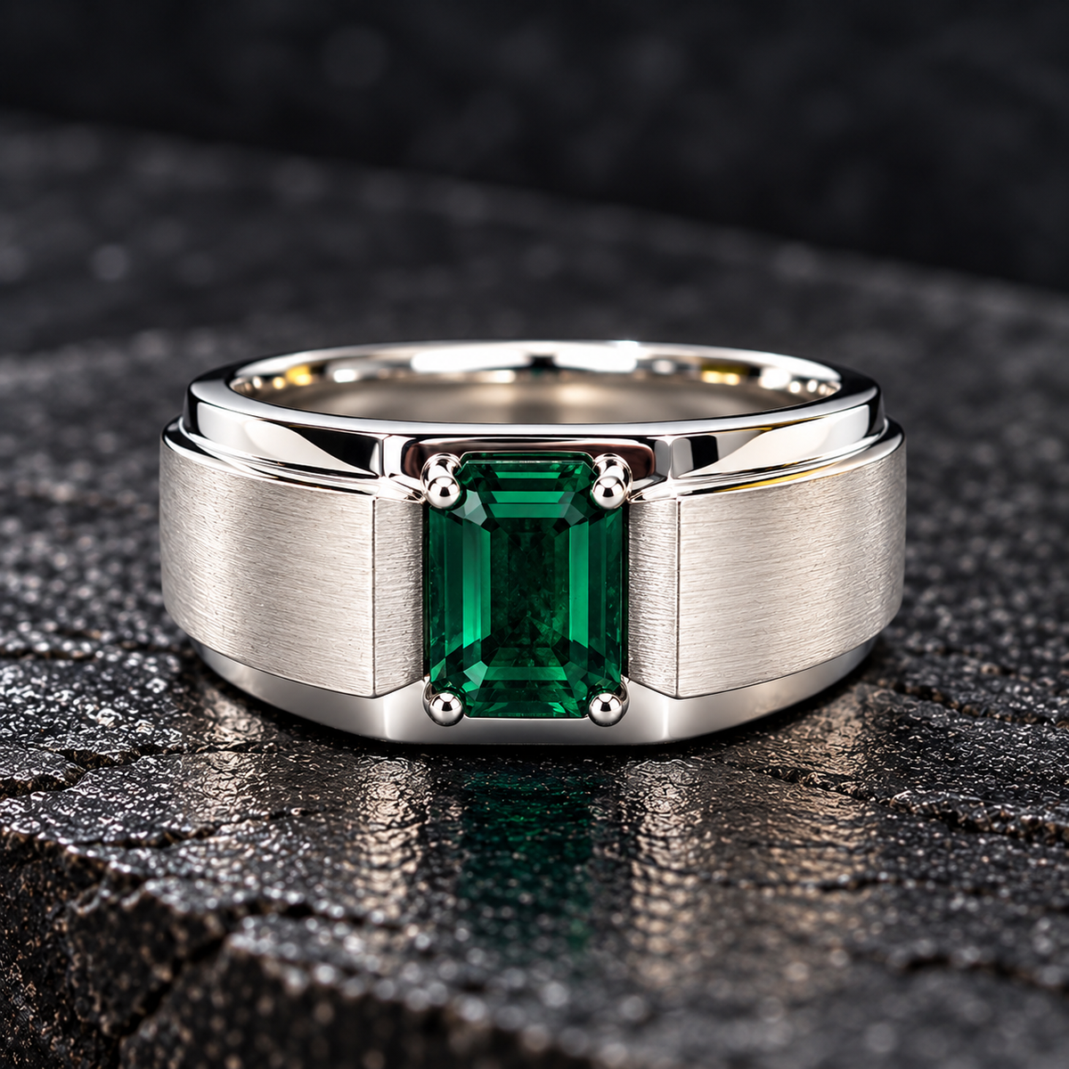 Shop men's Green Sapphire rings in hypoallergenic 925 Silver. Featuring a genuine emerald-cut Green Sapphire with a modern brushed finish by BSI Jewelry.