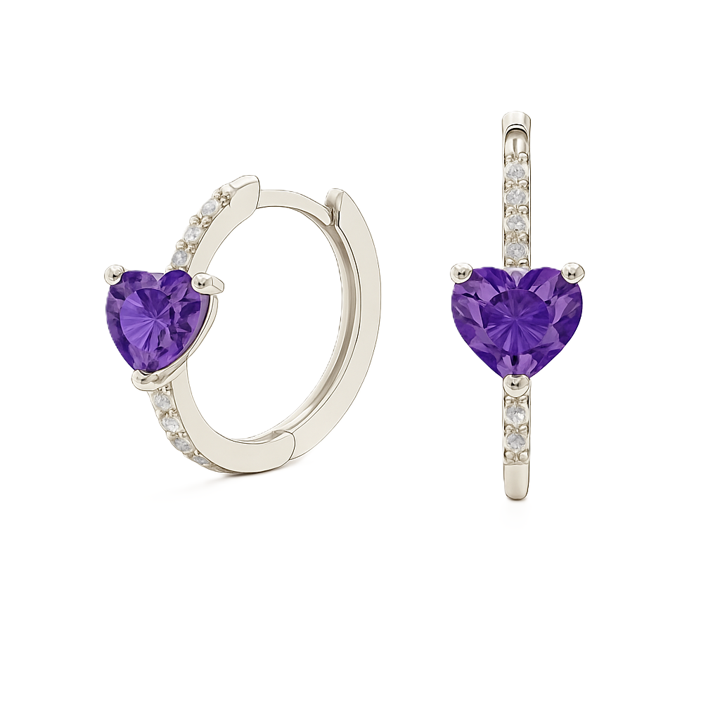 Elegant heart-cut Amethyst huggie earrings in white-gold-plated 925 silver with sparkling Moissanite accents for rich purple brilliance. Available at BSI Jewelry.