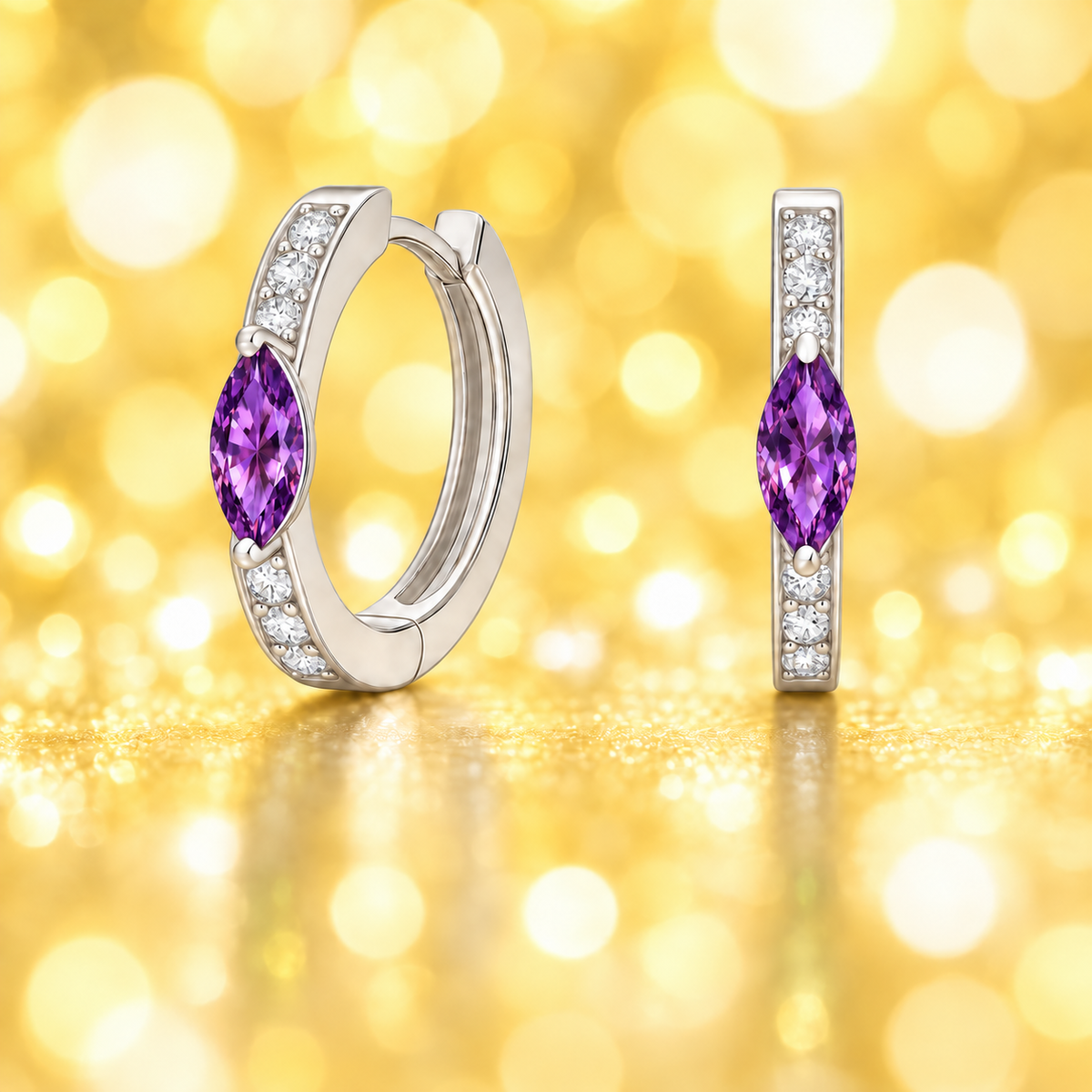 Huggie earrings with Amethyst marquise and Moissanite accents in white gold-plated 925 silver. Hypoallergenic, safe to wear. Available now at BSI Jewelry.
