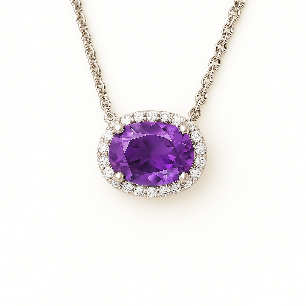 Stunning amethyst oval necklace accented with Moissanite in 925 silver. Featuring a 9×7mm gem, hypoallergenic, and radiant elegance. Available at BSI Jewelry.