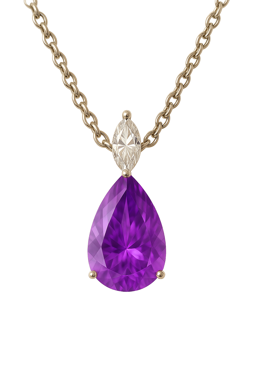 Regal 12×8mm pear-cut Amethyst necklace with marquise Moissanite accent in white-gold-plated 925 silver. Classic and refined brilliance. Available at BSI Jewelry.