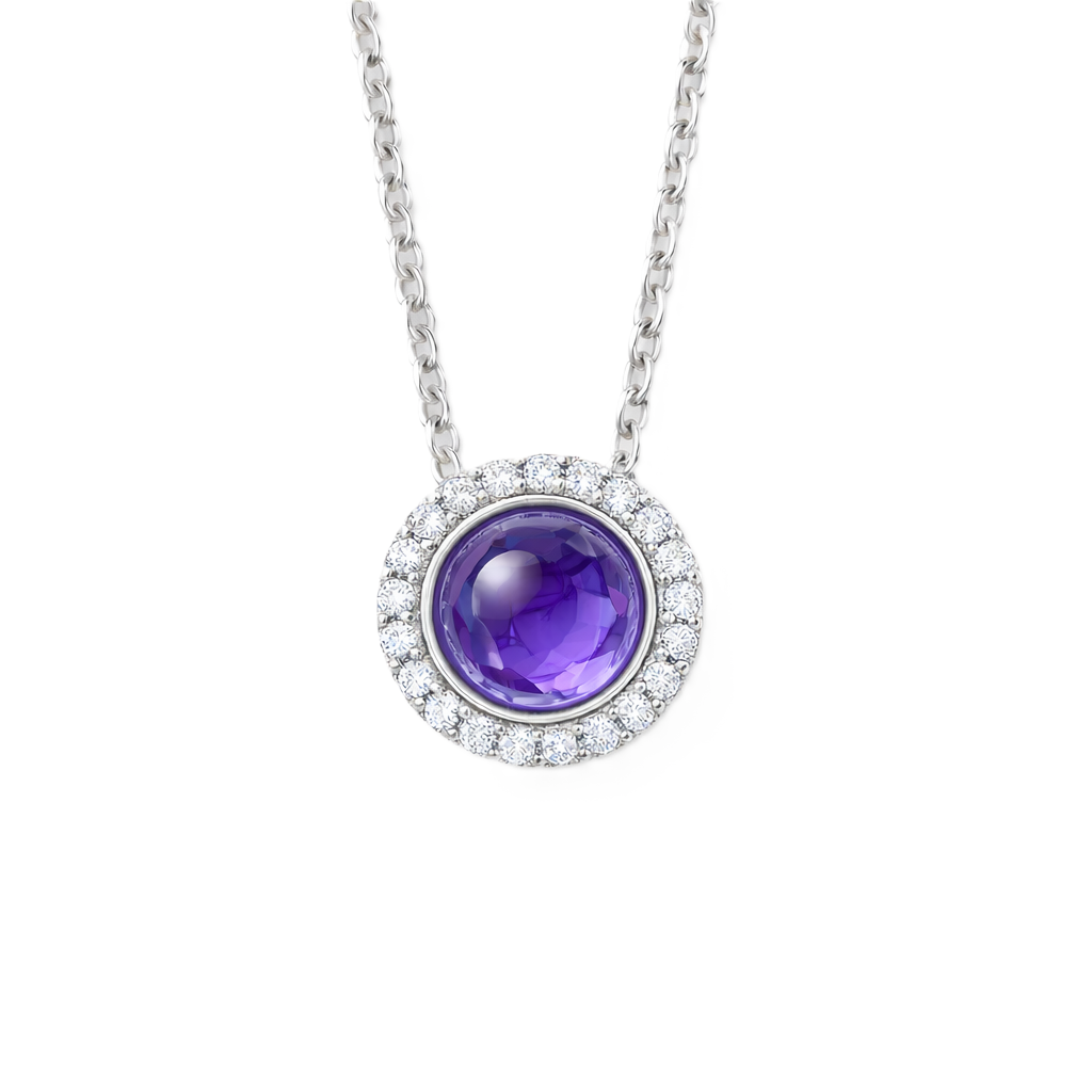 Moissanite and amethyst pendant with a 6 mm cabochon gemstone in white gold-plated 925 silver. Rich and elegant. Available now at BSI Jewelry.