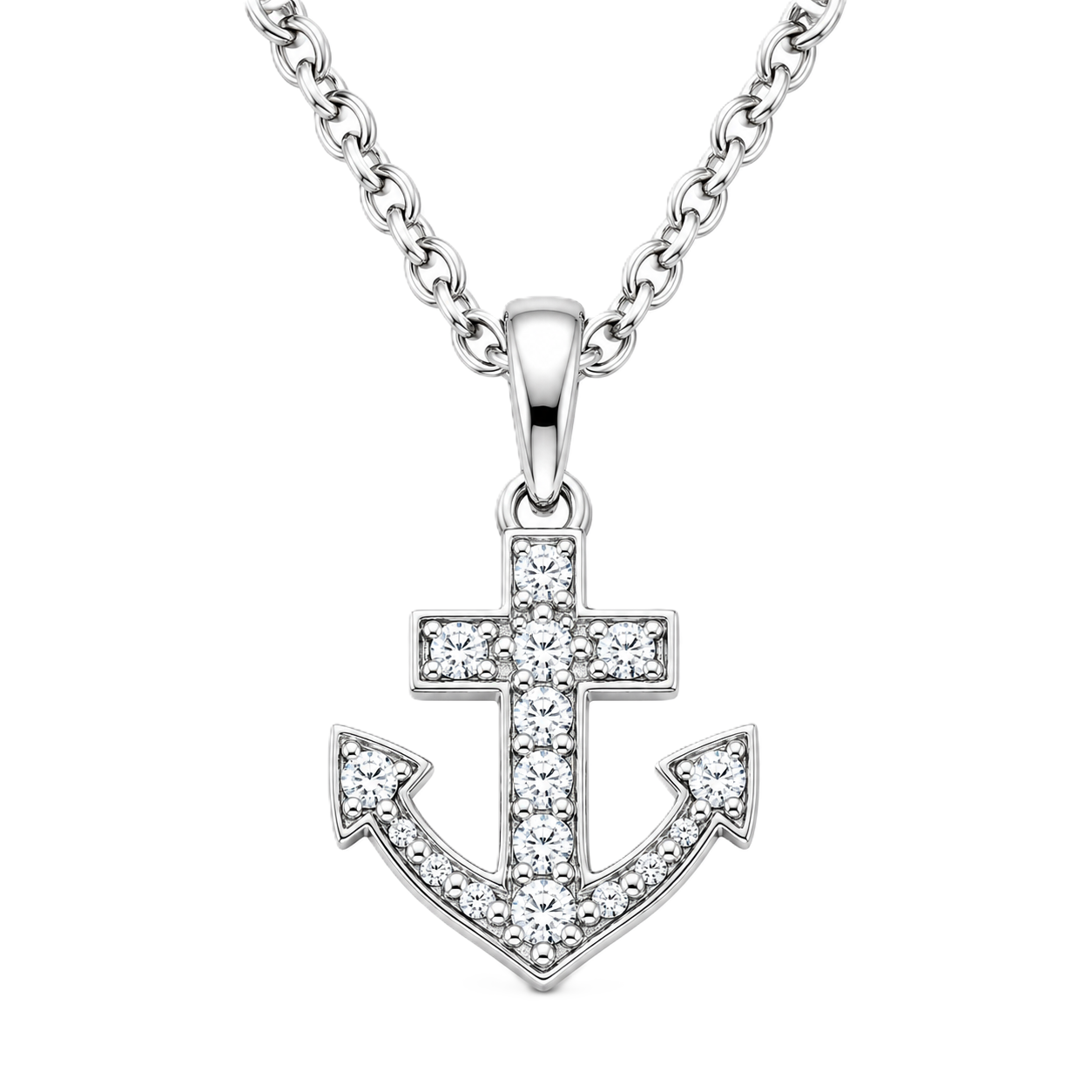 Moissanite anchor pendant in 925 silver, pavé-set for radiant brilliance. A meaningful design symbolizing strength and stability. Available now at BSI Jewelry.